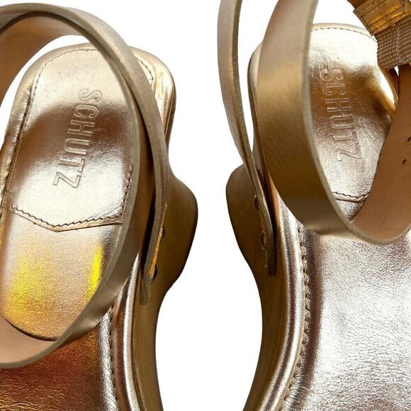 SCHUTZ Lansy Buckle Ankle Strap Wooden-sole Platform Sandals in Gold Size 9.5 - Picture 8 of 13